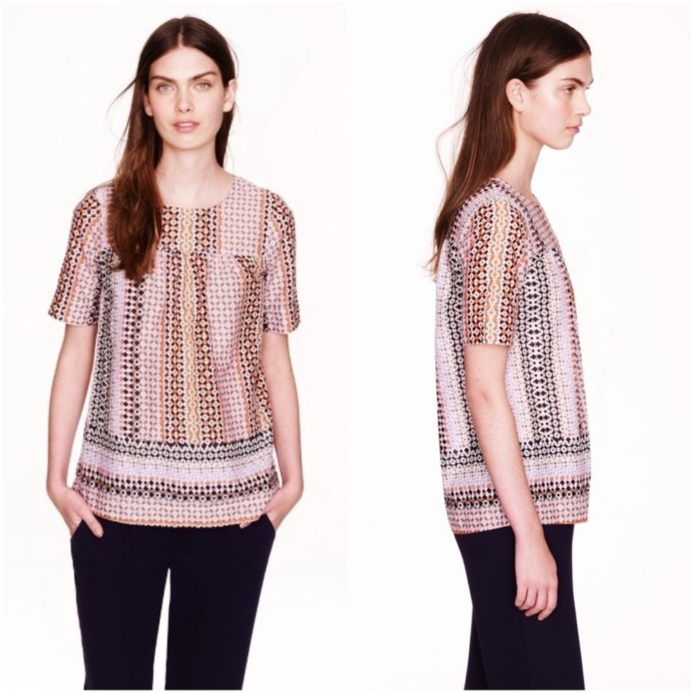 J. Crew Pink Geo Print Short Sleeve Blouse